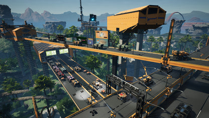 High-tech construction site with large cranes and vehicles in a futuristic cityscape.