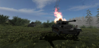 Tank firing in a grassy field with trees in the background