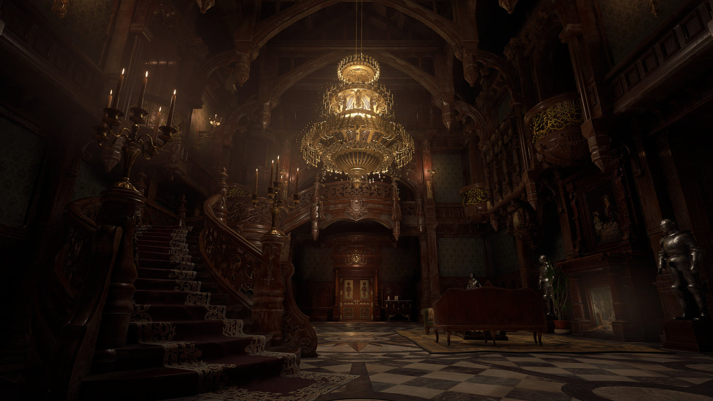 Elaborate interior of a grand building with ornate staircase and chandelier.