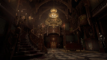 Elaborate interior of a grand building with ornate staircase and chandelier.