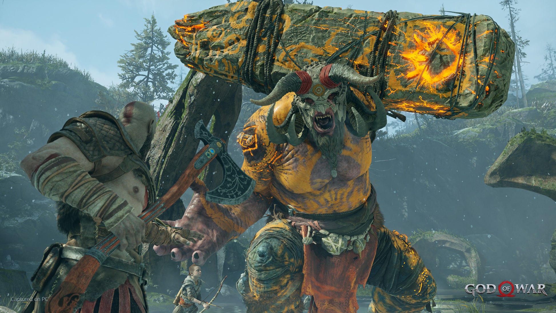 Character with a large weapon in a forest setting, likely from a video game.