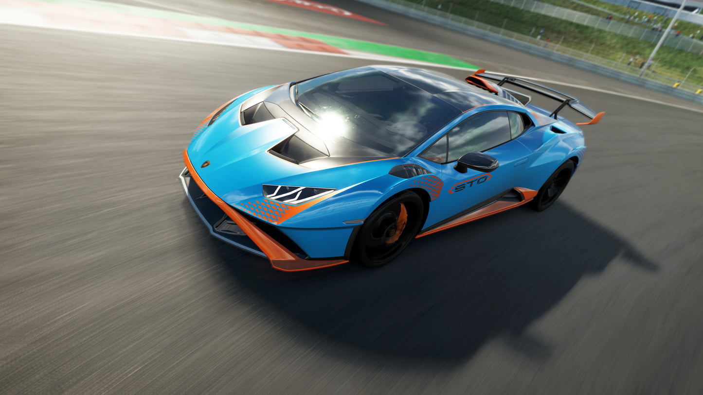 Blue sports car with orange accents on a racetrack