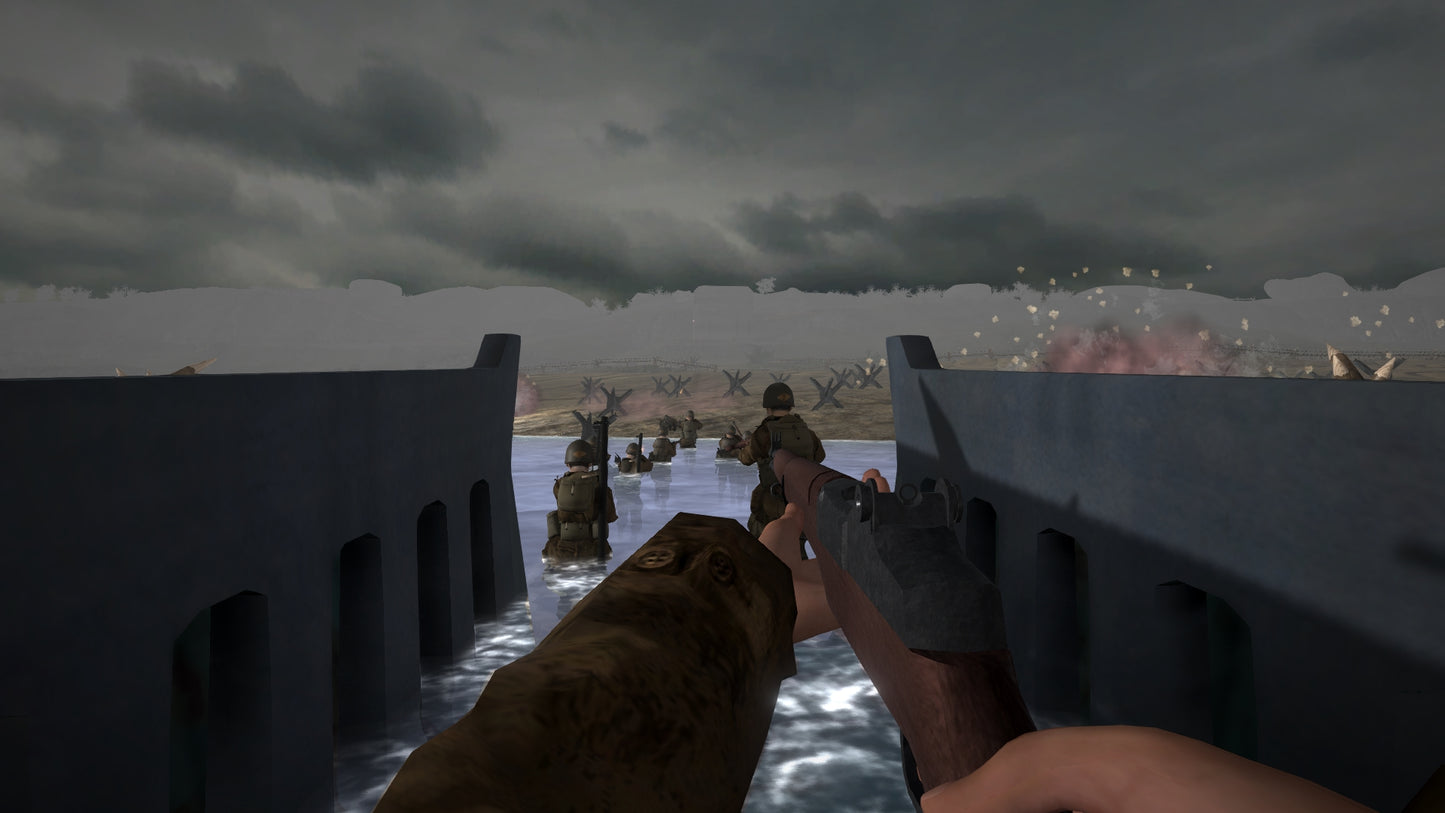 First-person shooter game scene with a dog and weapon on a snowy battlefield.