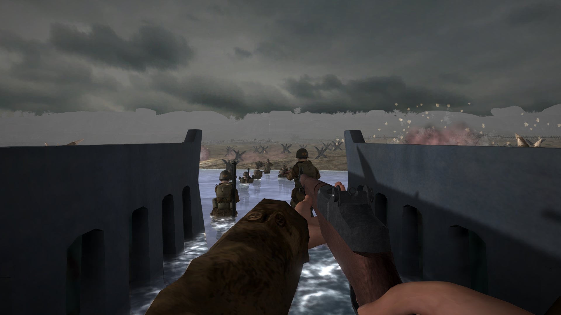 First-person shooter game scene with a dog and weapon on a snowy battlefield.