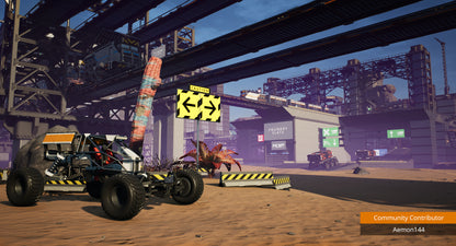 Video game scene with a large vehicle and dinosaur-like creature in an industrial setting