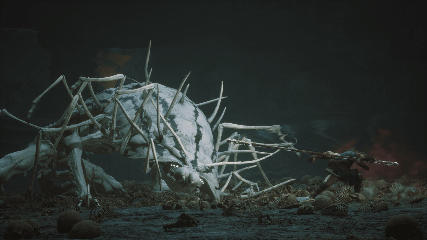 Monster-like creature with a large head and long legs in a dark, desolate landscape.