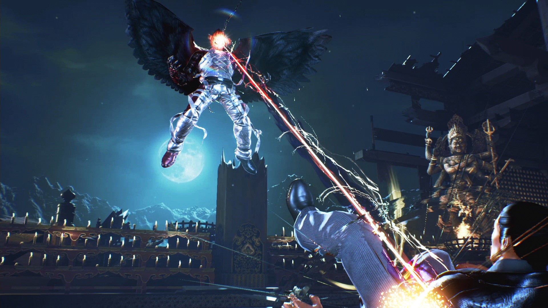Heroic figure with wings and glowing sword in a fantasy setting