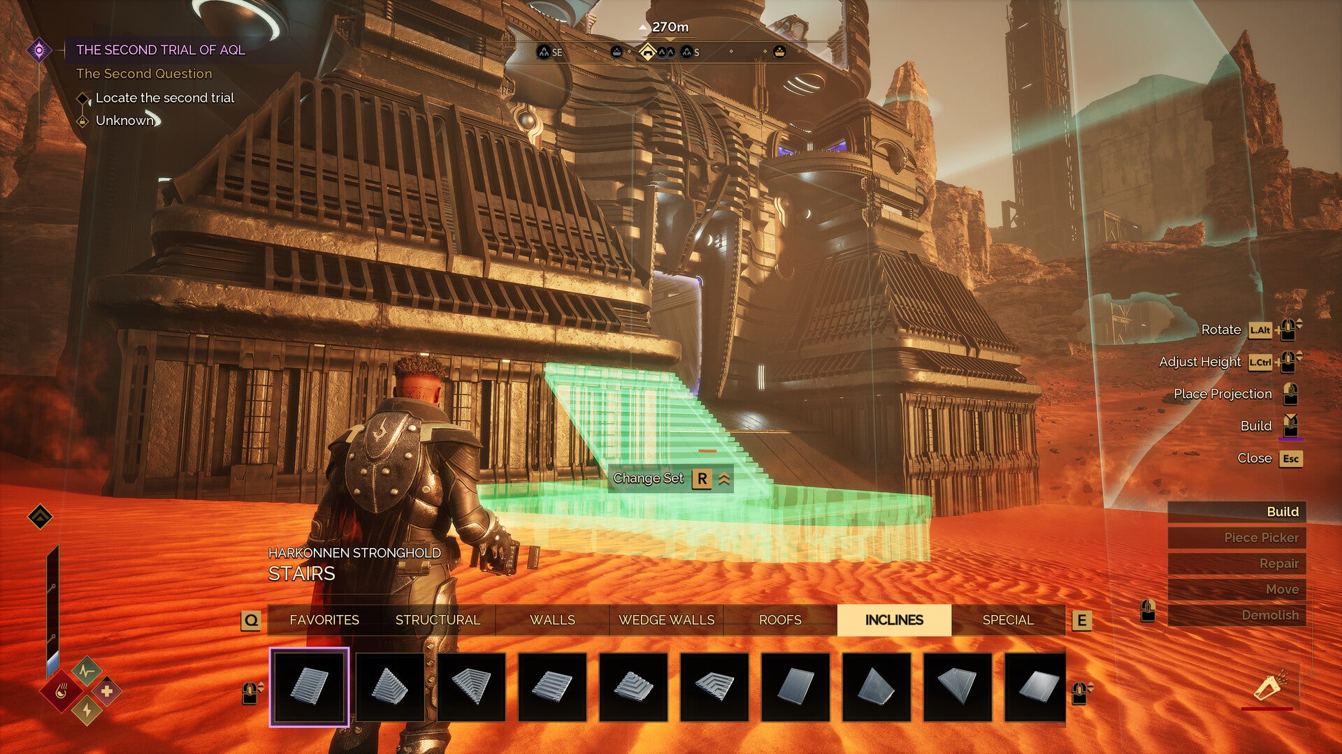 Video game interface with character in futuristic setting