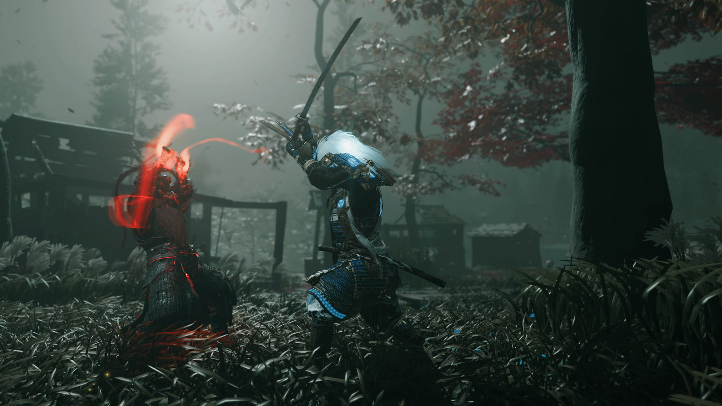 Two samurai warriors in a forest setting with one casting a red glowing spell.