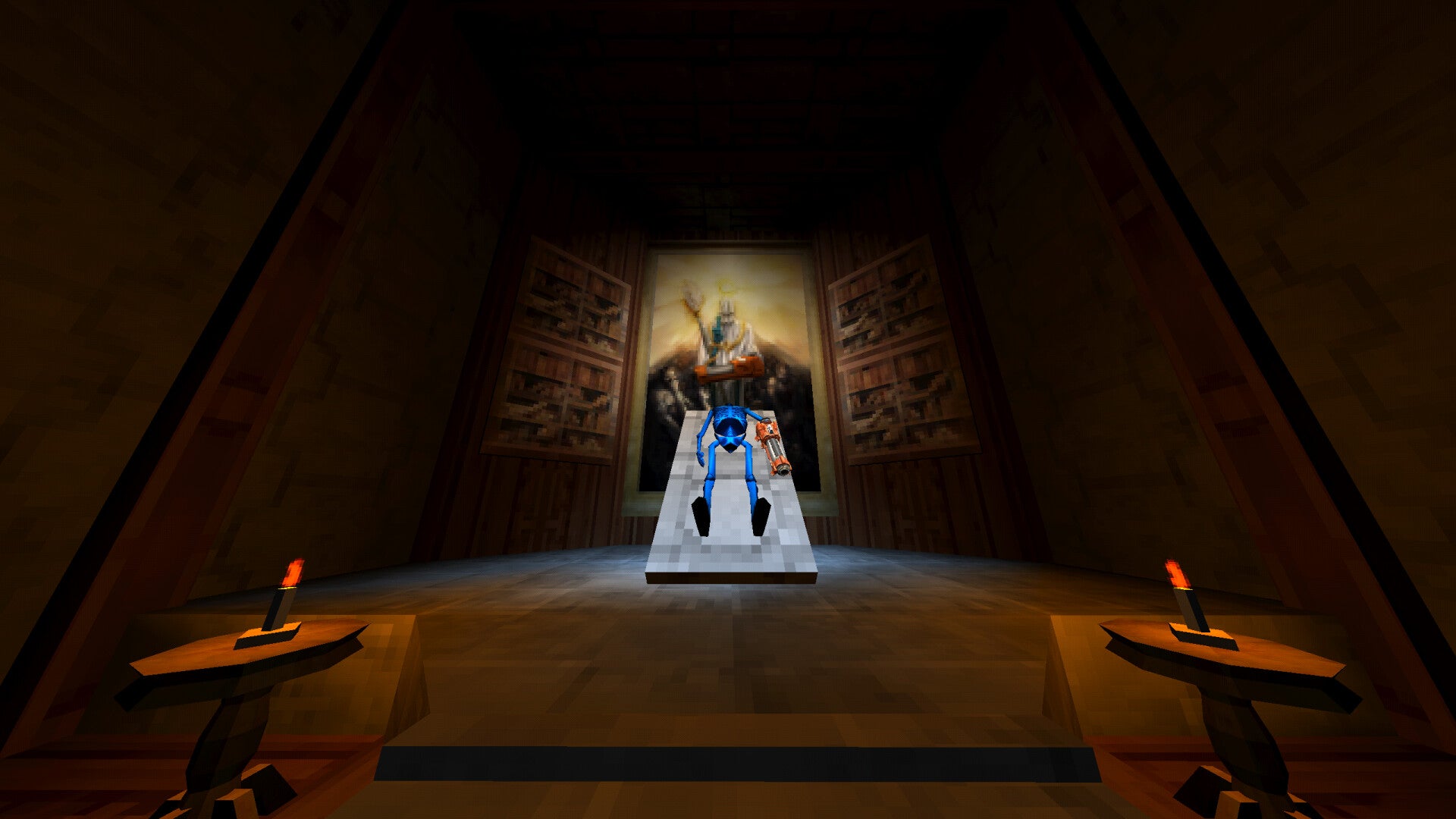 Dark room with a glowing figure on a pedestal, candles on either side, and a bookshelf in the background.