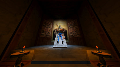 Dark room with a glowing figure on a pedestal, candles on either side, and a bookshelf in the background.