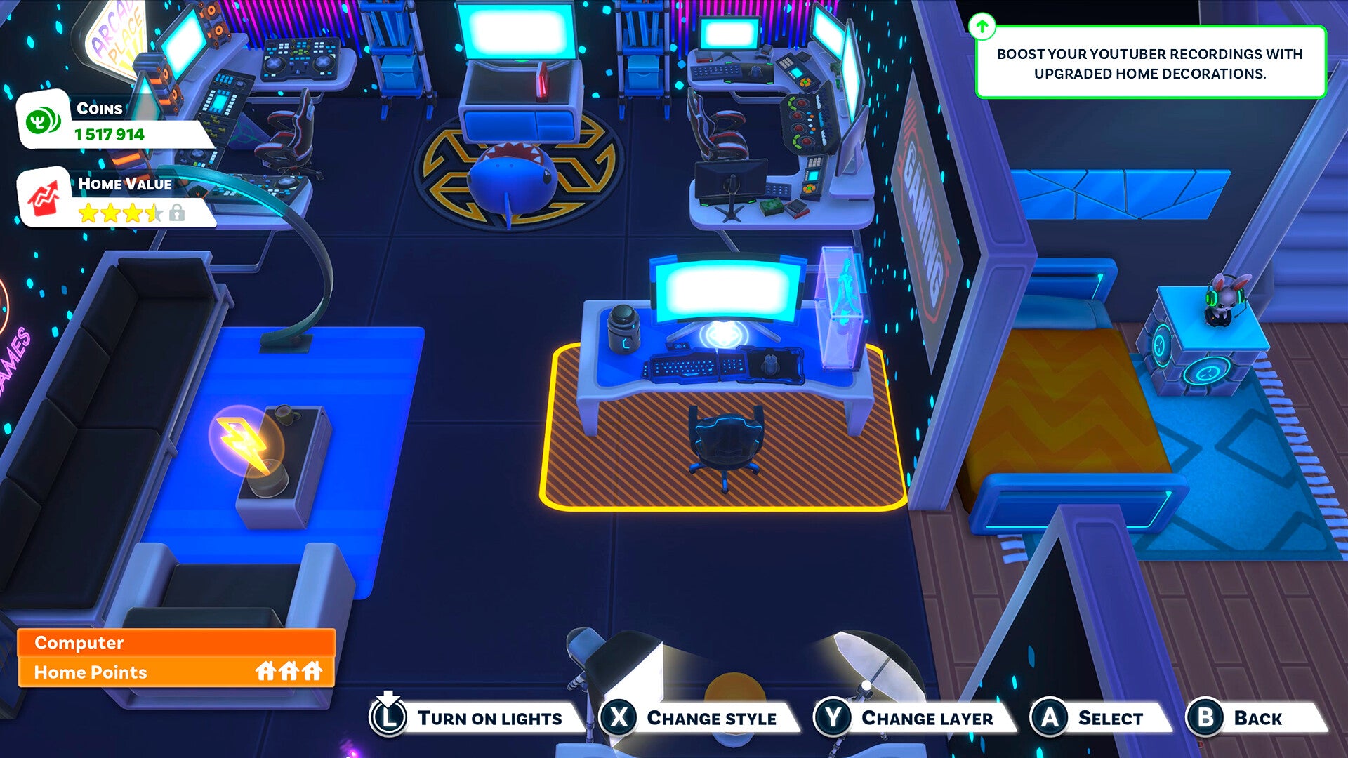 Game interface showing a futuristic room with various controls and lights.