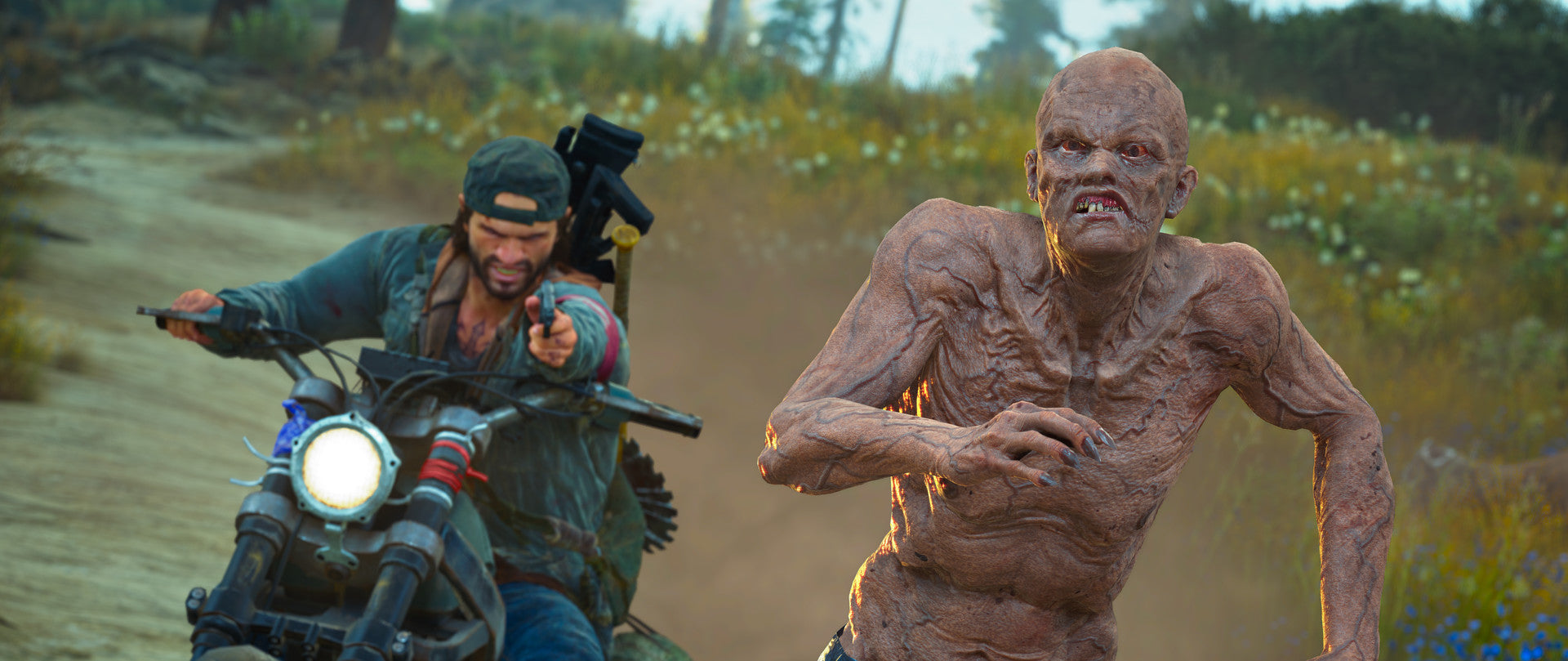 Person on a motorcycle with a gun, facing a zombie-like creature in a natural setting.