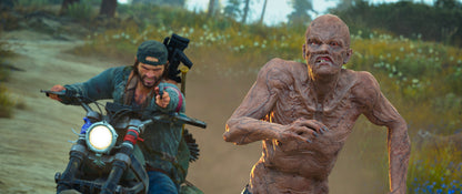 Person on a motorcycle with a gun, facing a zombie-like creature in a natural setting.