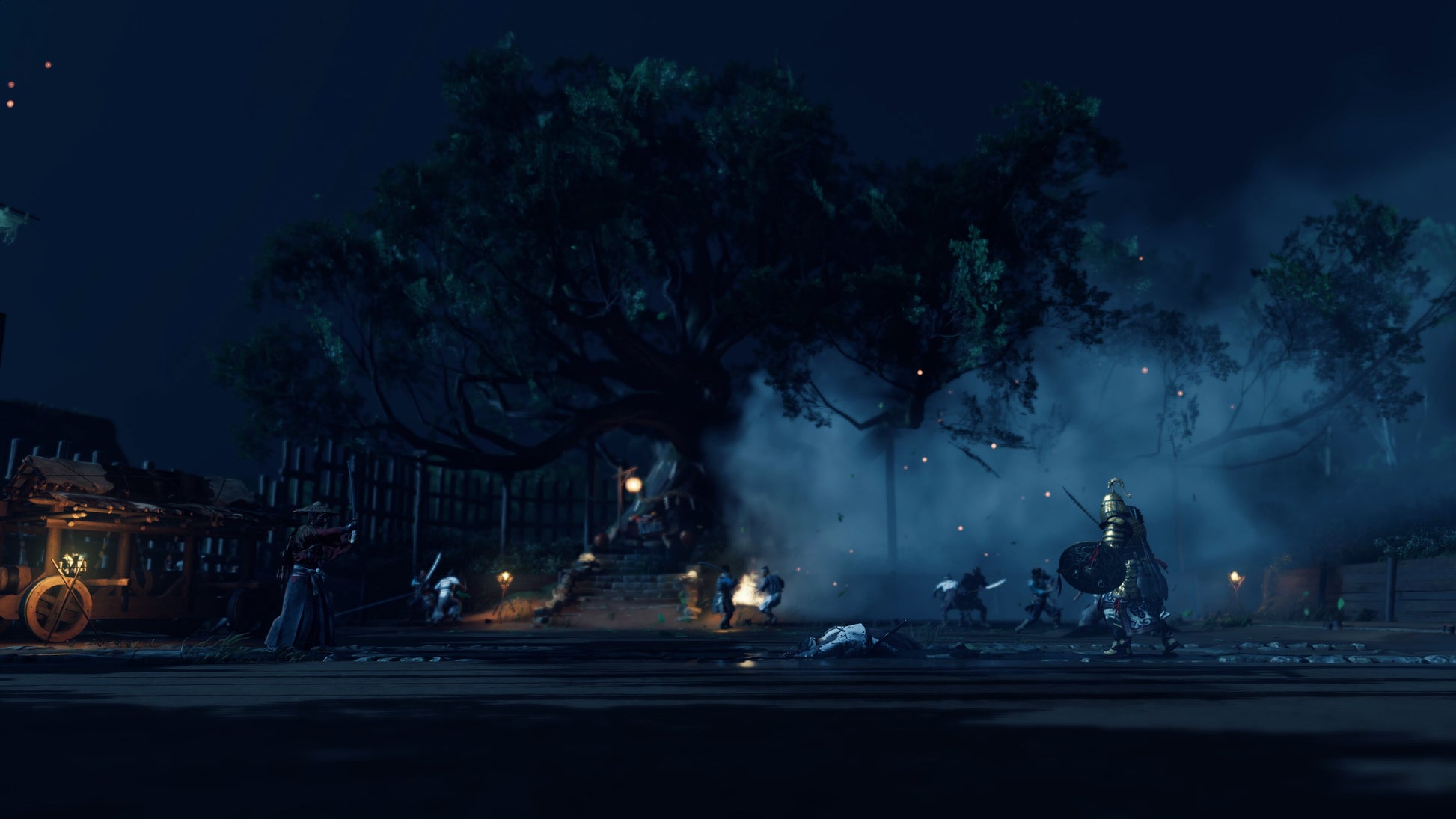 Dark, atmospheric scene with characters and a tree at night.