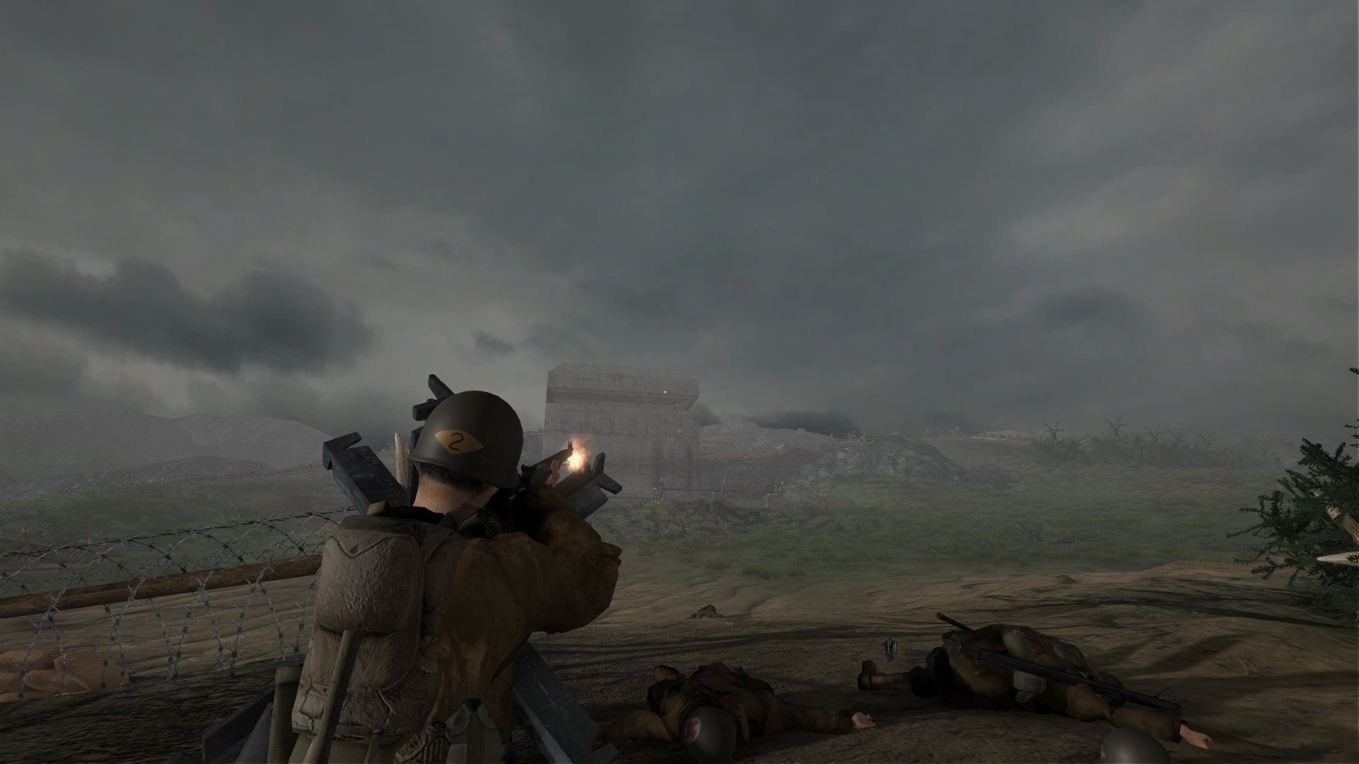 Character in a military uniform with a rifle, standing on a battlefield with a cloudy sky.