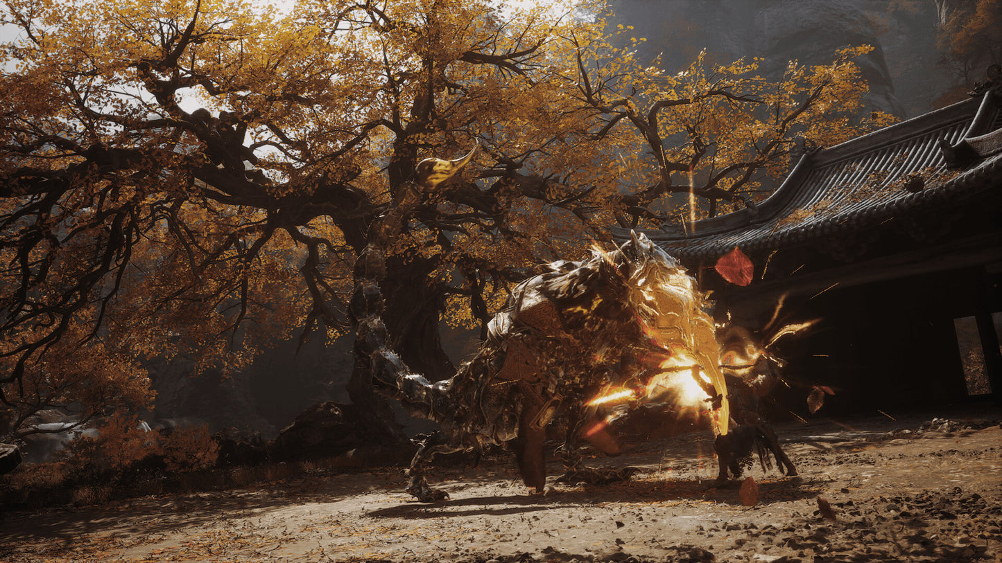 Monster emerging from a fiery explosion in front of a traditional building with autumn trees.