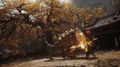 Monster emerging from a fiery explosion in front of a traditional building with autumn trees.
