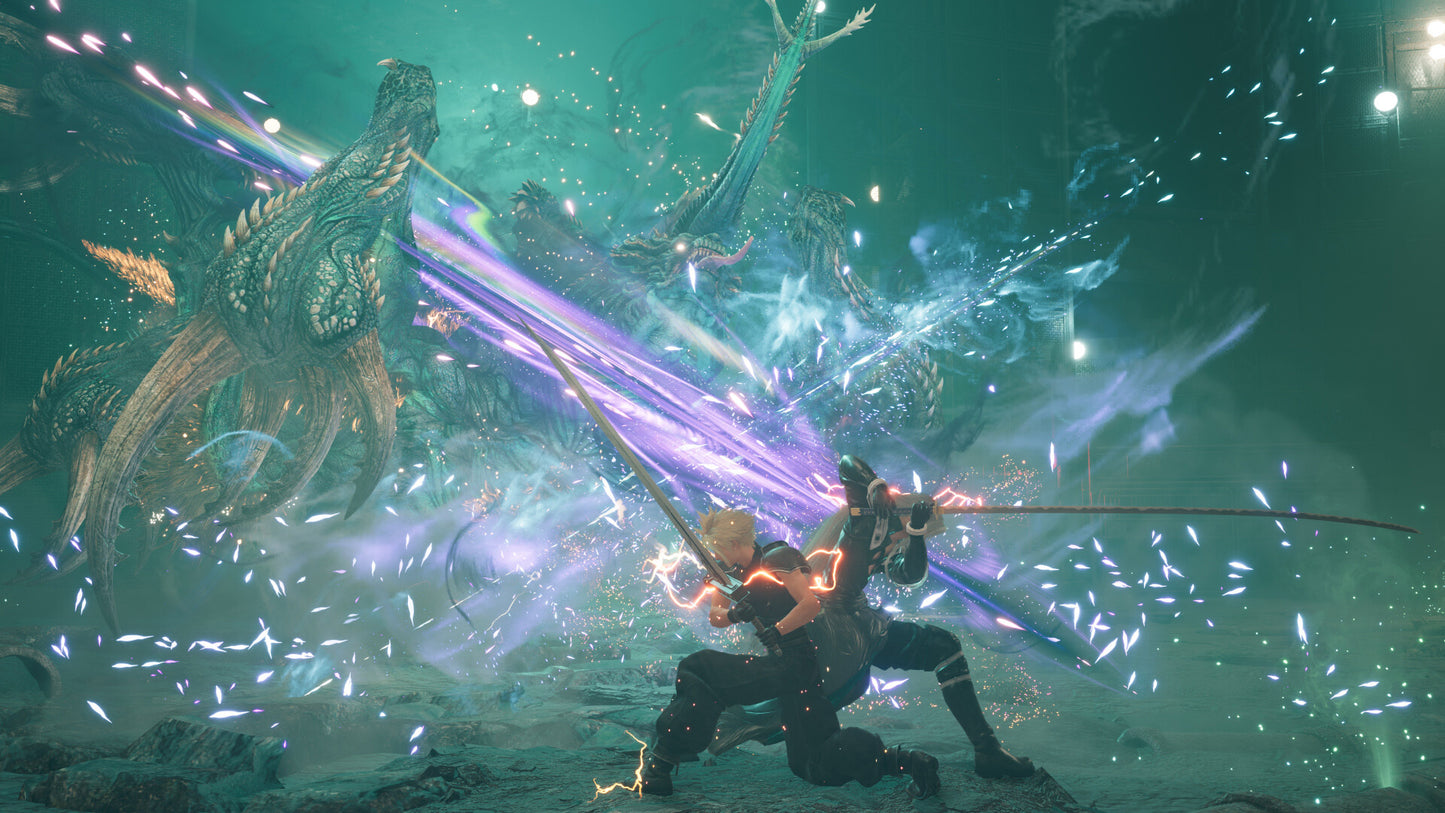 Character with a sword facing a large dragon in a fantasy setting