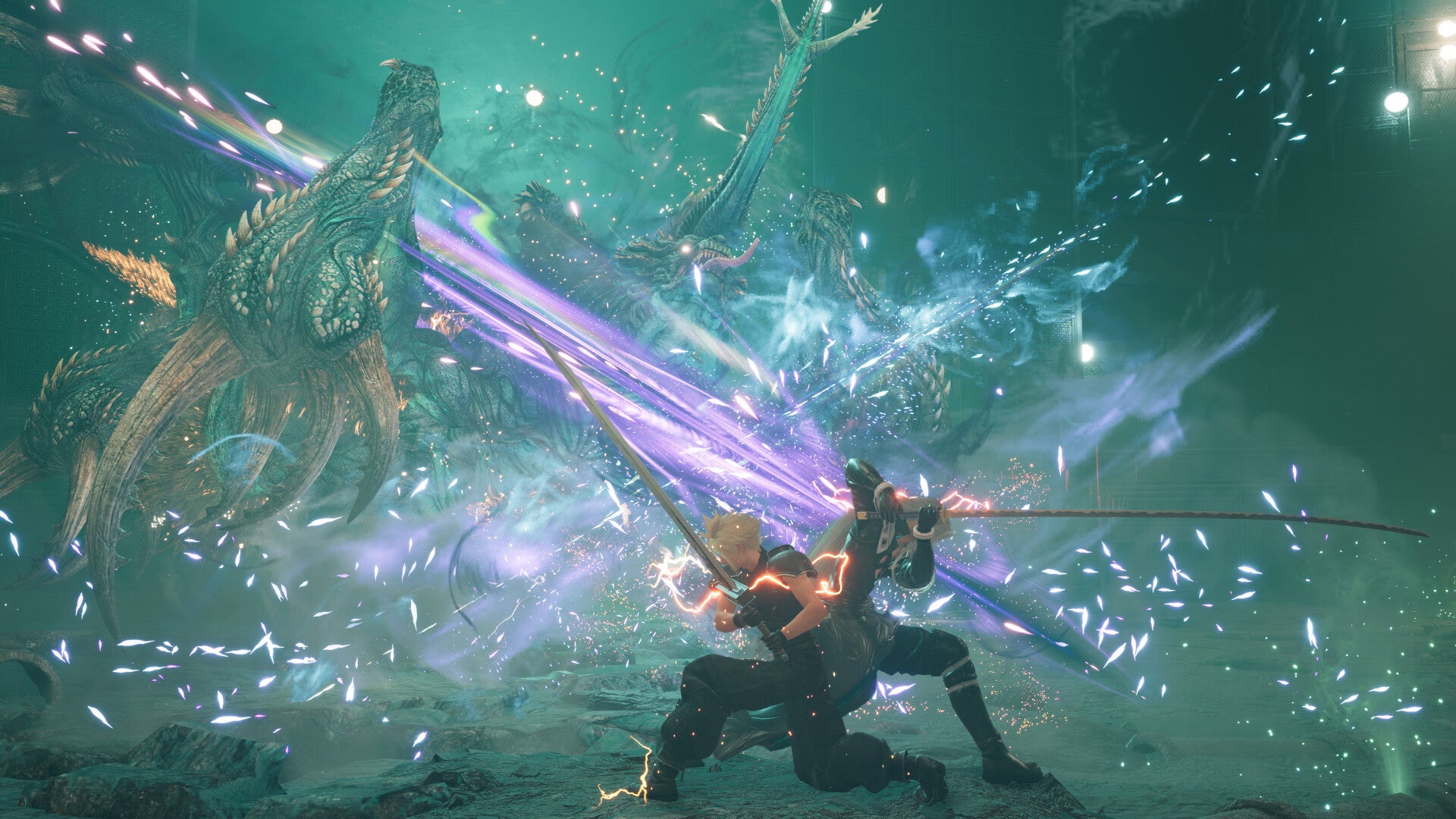 Character with a sword facing a large dragon in a fantasy setting