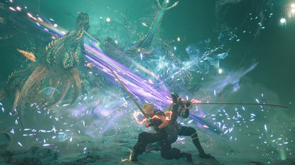 Character with a sword facing a large dragon in a fantasy setting