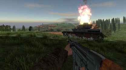 Tank battle scene in a video game with explosions and a gun held by the player.