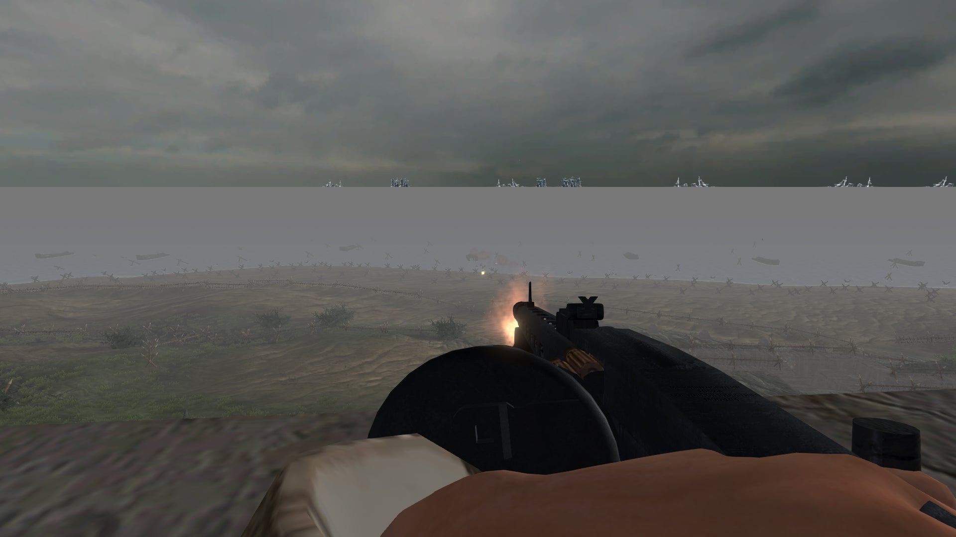 First-person view from a tank looking over a landscape with ships on the horizon.