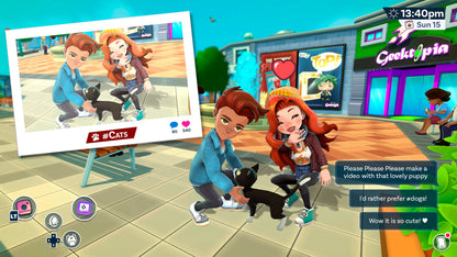 Two animated characters with a dog in a digital interface setting