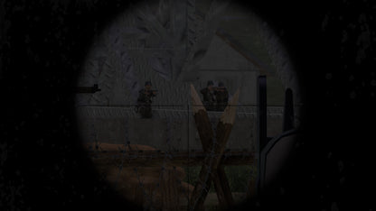 Dark, grainy image of a person holding a rifle with a crosshair aiming at a target.