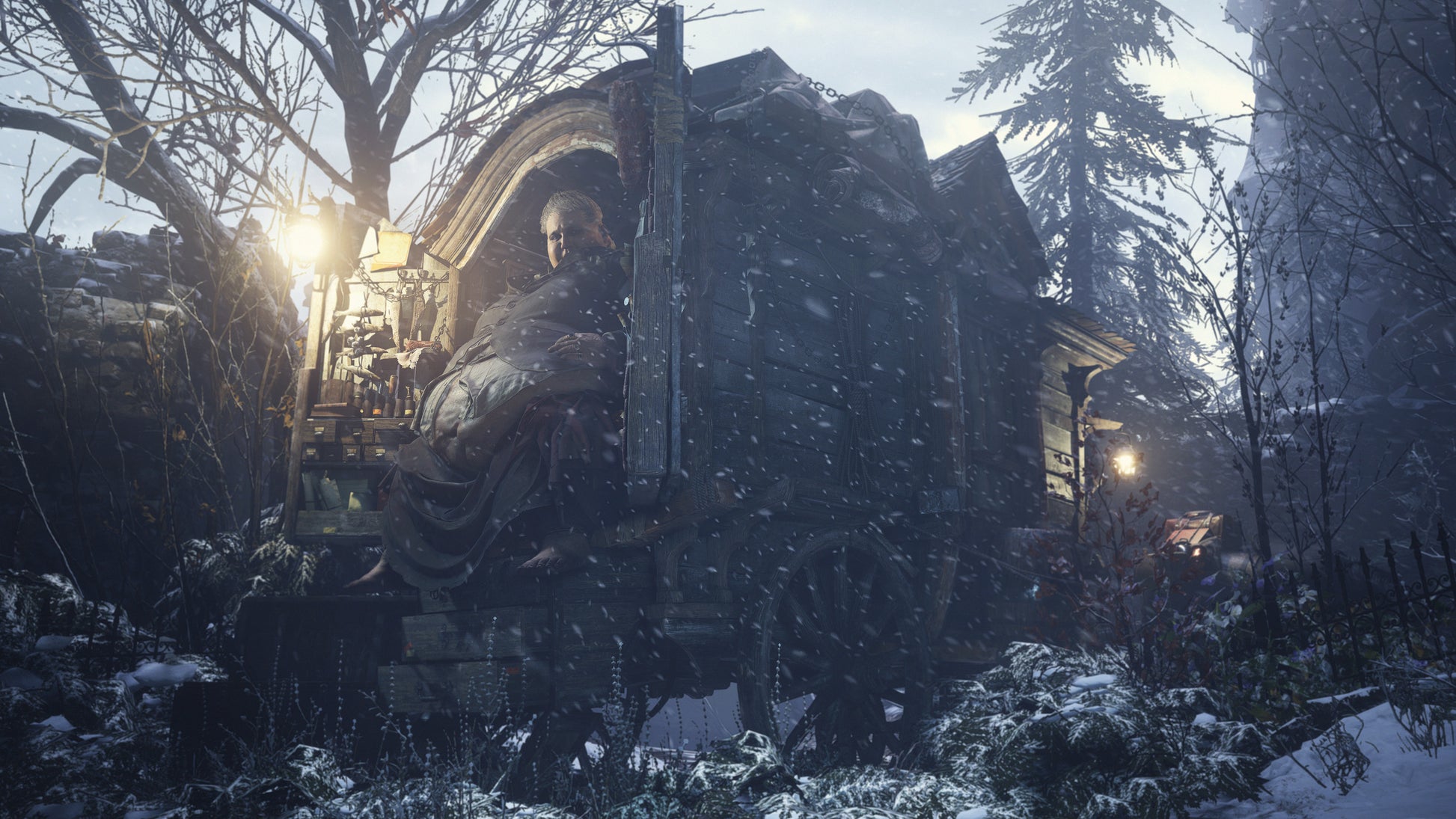 Snow-covered statue in a dark, eerie forest with a large tank in the background.