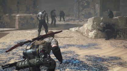 Character in a video game with weapons and armor in a desert-like environment