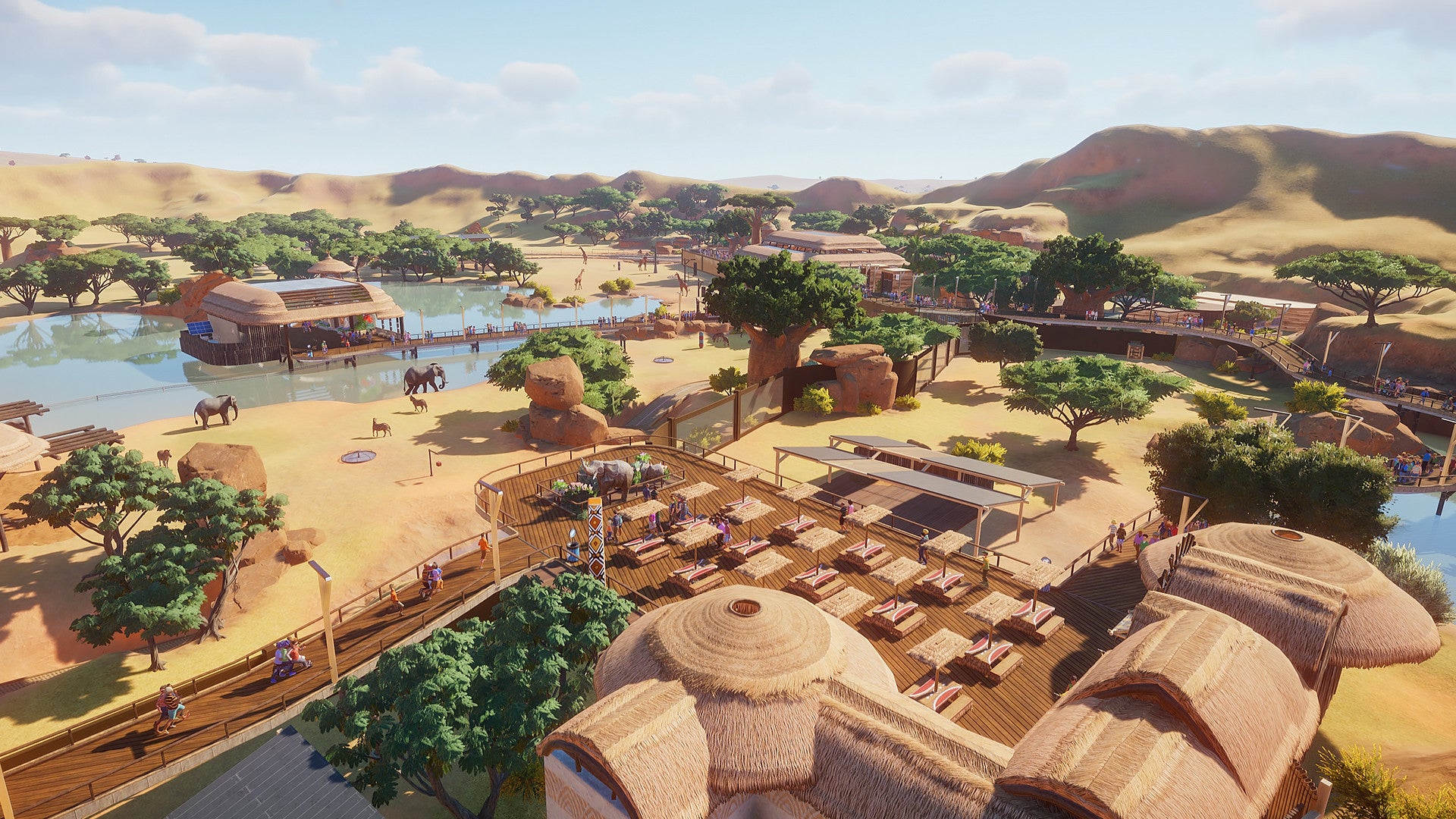 A virtual or animated scene of a desert landscape with huts, water, and people.