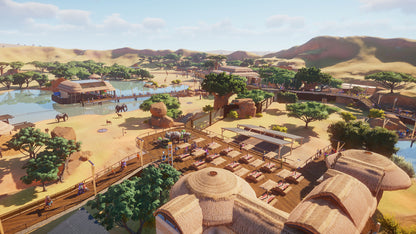 A virtual or animated scene of a desert landscape with huts, water, and people.