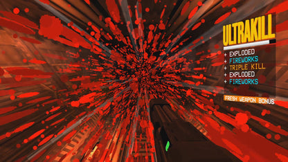Game screen with red explosion effects and 'Ultrakill' text on a dark background