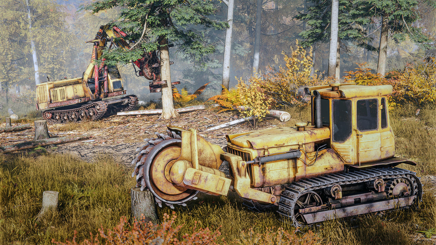 Yellow bulldozer in a forest clearing with logs and trees.
