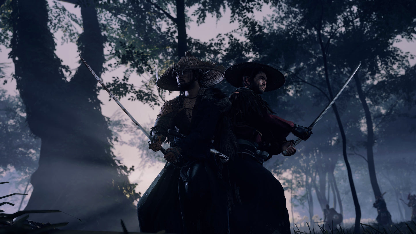 Two figures on horseback in a forest setting with swords drawn, evoking a historical or fantasy scene.