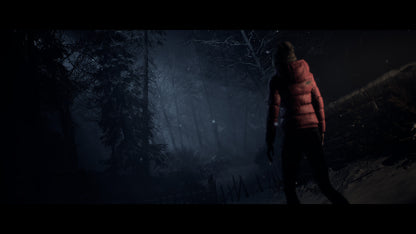 Person in a red jacket walking through a dark forest