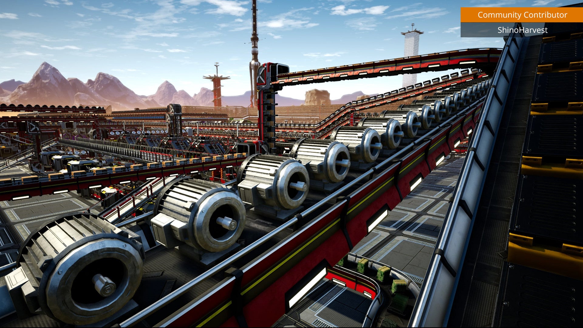 Industrial setting with conveyor belts and machinery in a desert landscape