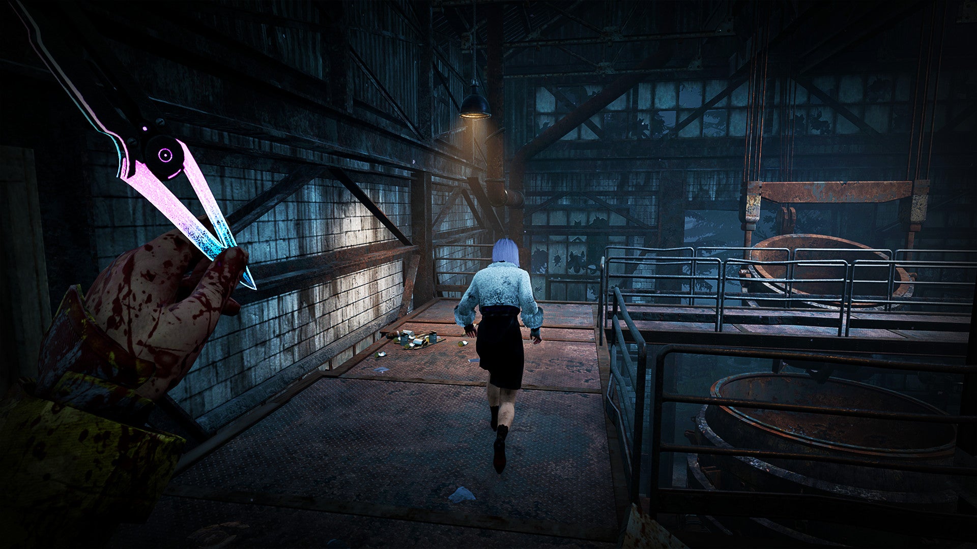 Character running through a dark, industrial environment with a large pair of scissors in the foreground.
