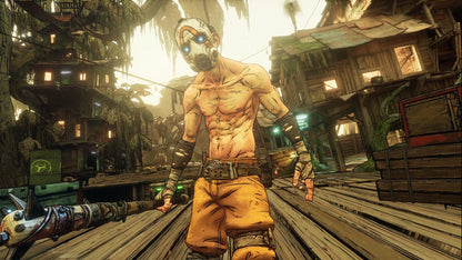Character in a post-apocalyptic setting with a futuristic weapon and gas mask.