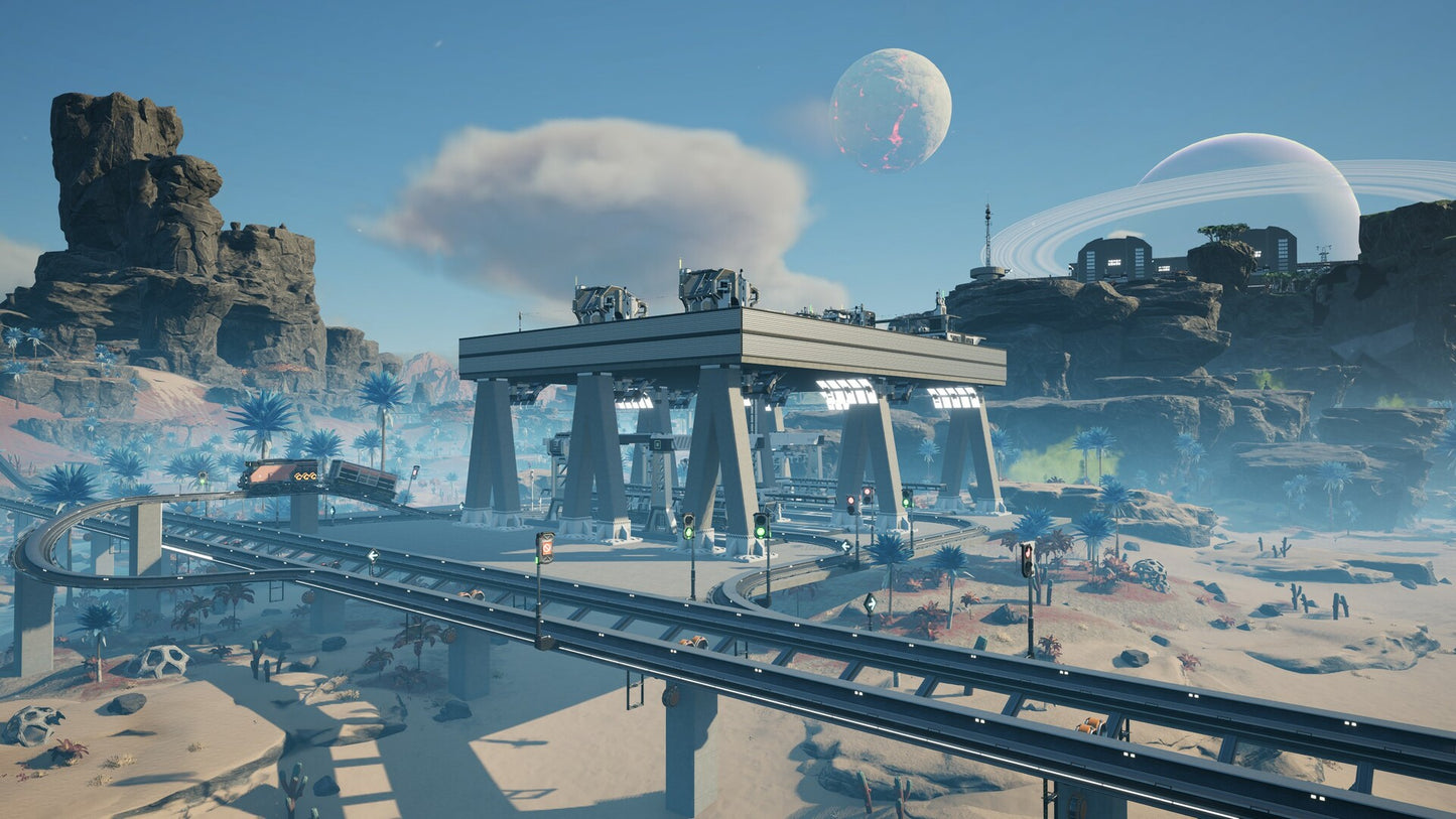 Futuristic landscape with advanced technology and a large planet in the sky.