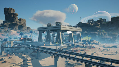 Futuristic landscape with advanced technology and a large planet in the sky.