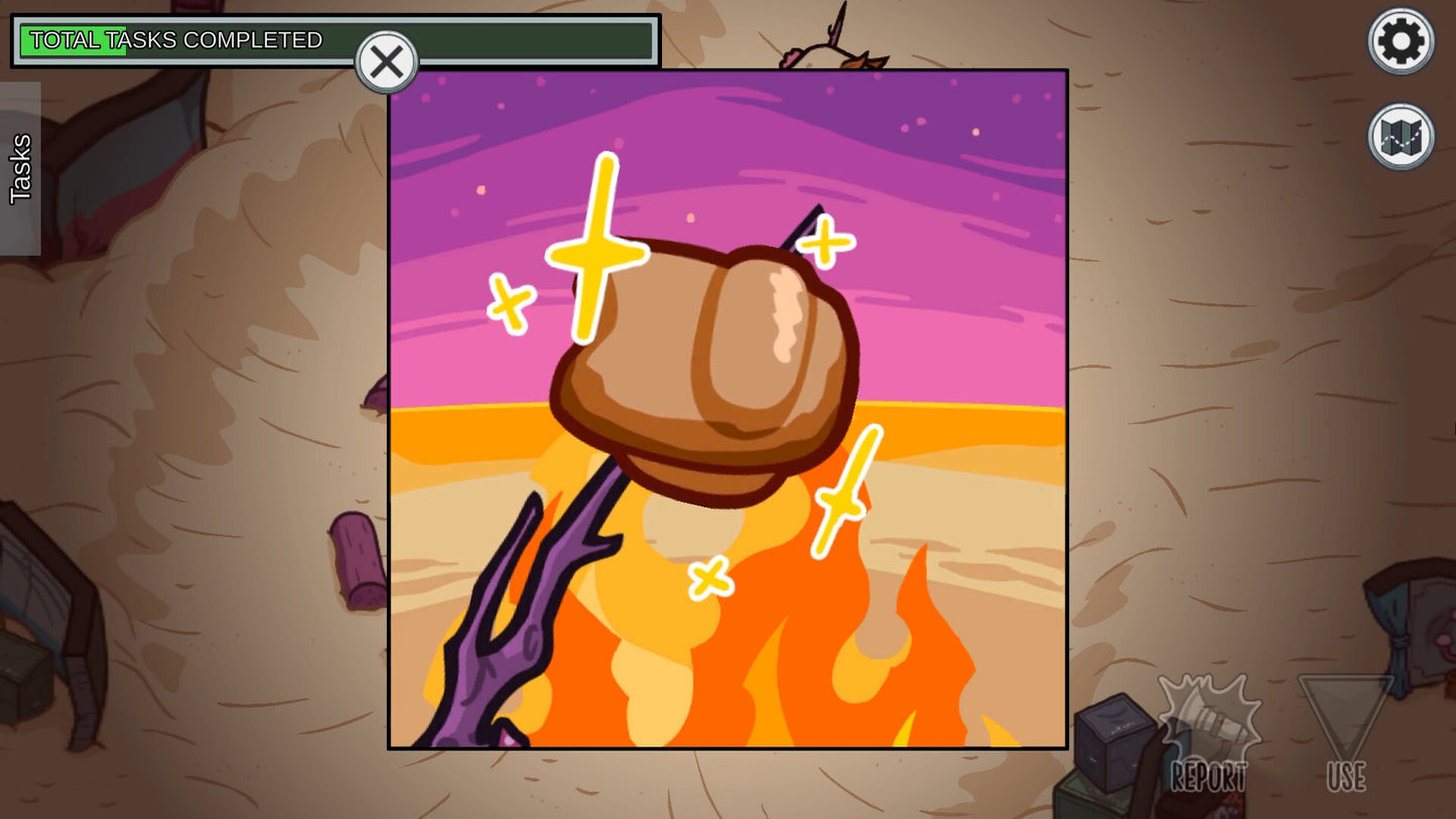 Animated character with a hat on fire against a colorful background