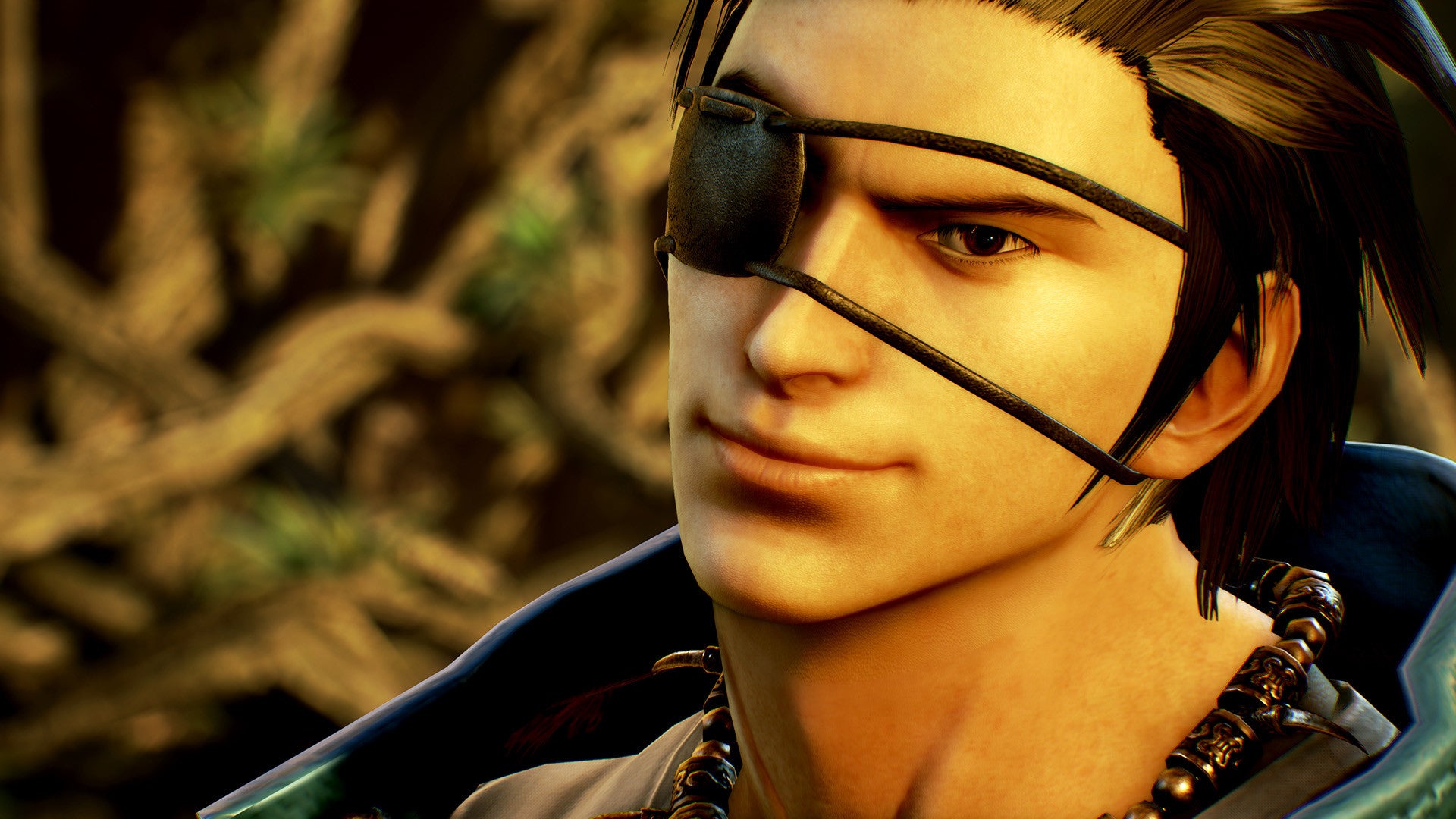 Close-up of a character with a eyepatch and braided hair against a blurred natural background