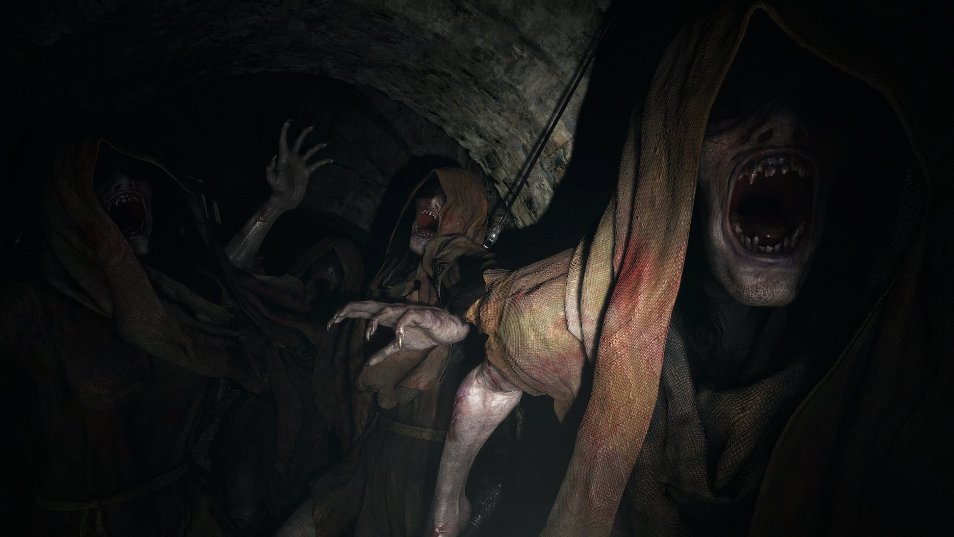 Horror scene with a creature in a dark, cave-like setting