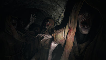 Horror scene with a creature in a dark, cave-like setting