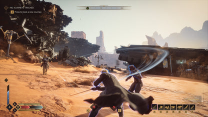 Video game scene with character combat in a desert landscape with ruins and sky.