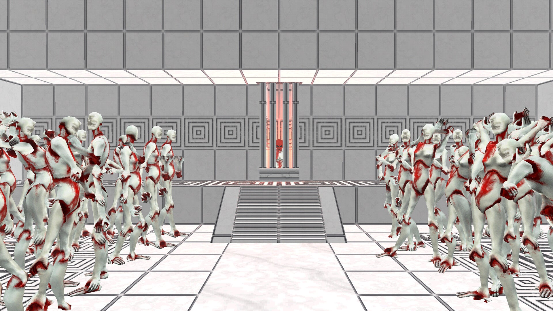 Robot-like figures in a futuristic indoor setting with a central祭坛.