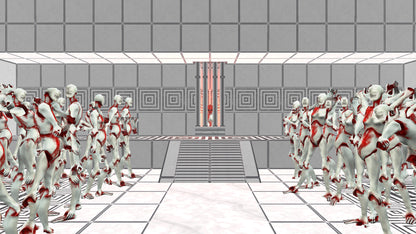 Robot-like figures in a futuristic indoor setting with a central祭坛.