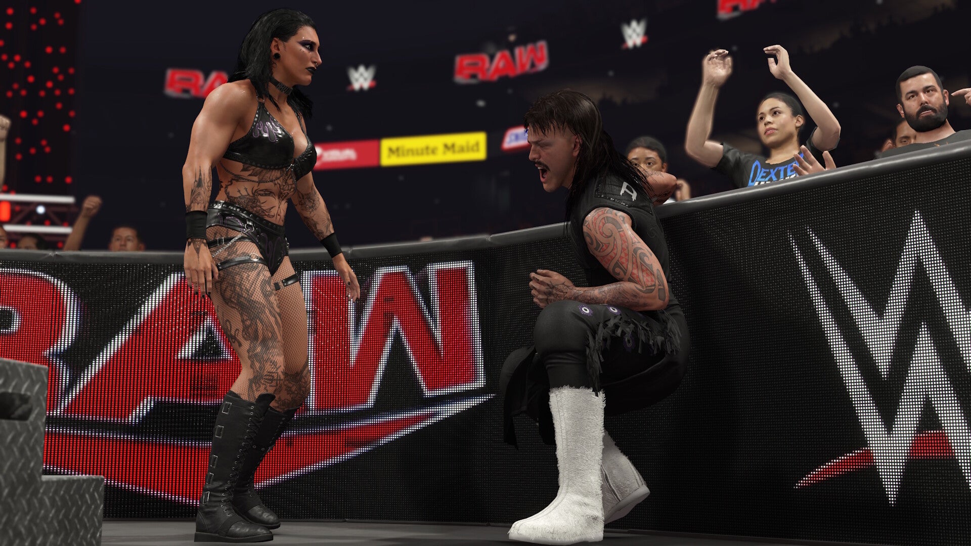 Wrestlers on a WWE Raw event with 'RAW' branding in the background.